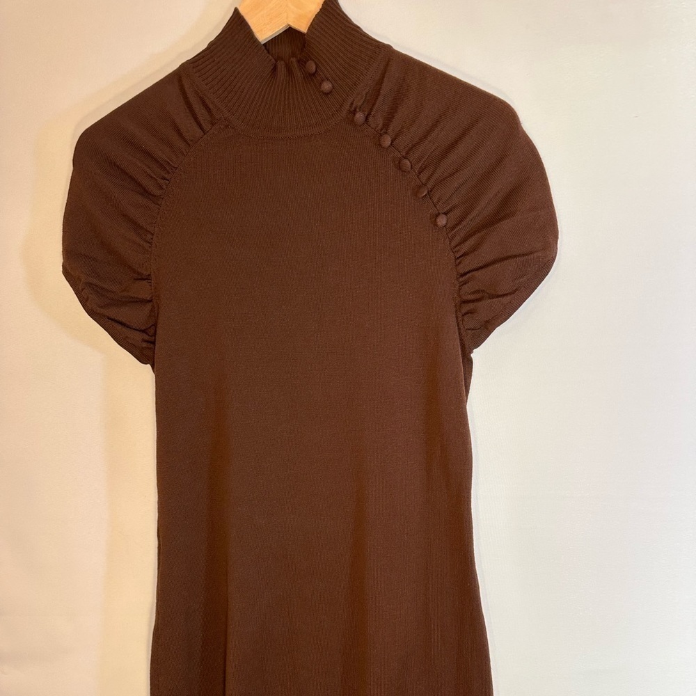 Planet Gold Womens Size L Sweater Dress Knit Brown Stretch Puff Sleeve Buttons
